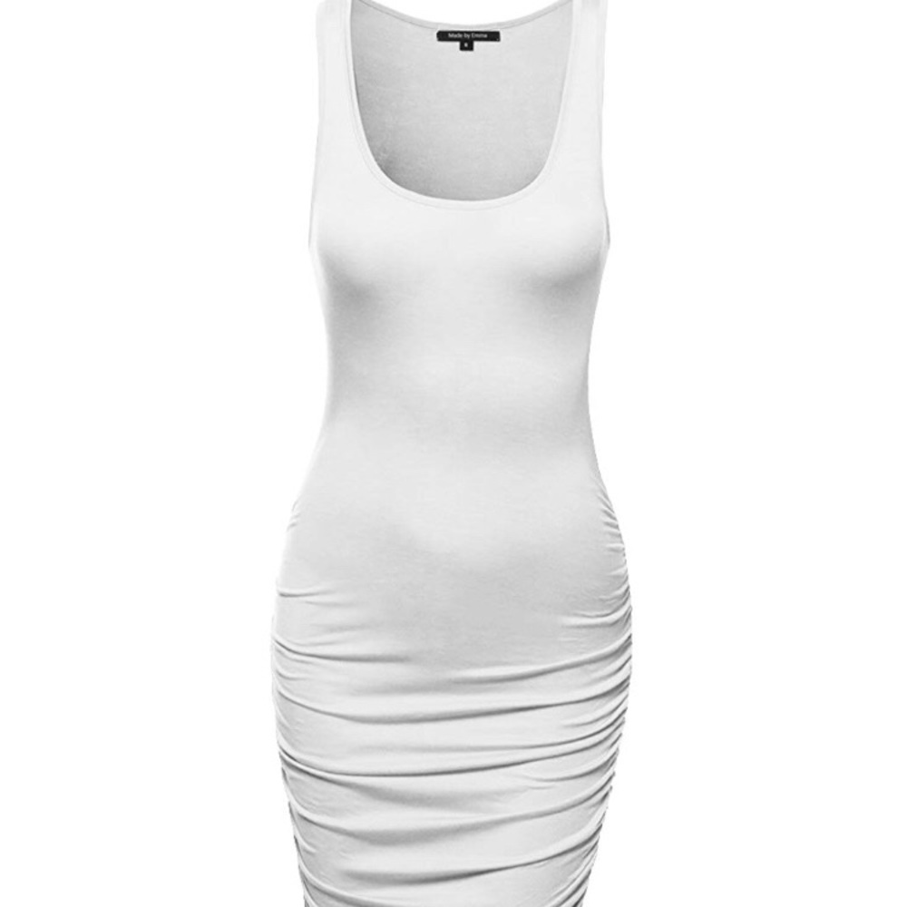 White bodycon midi dress with side shirring